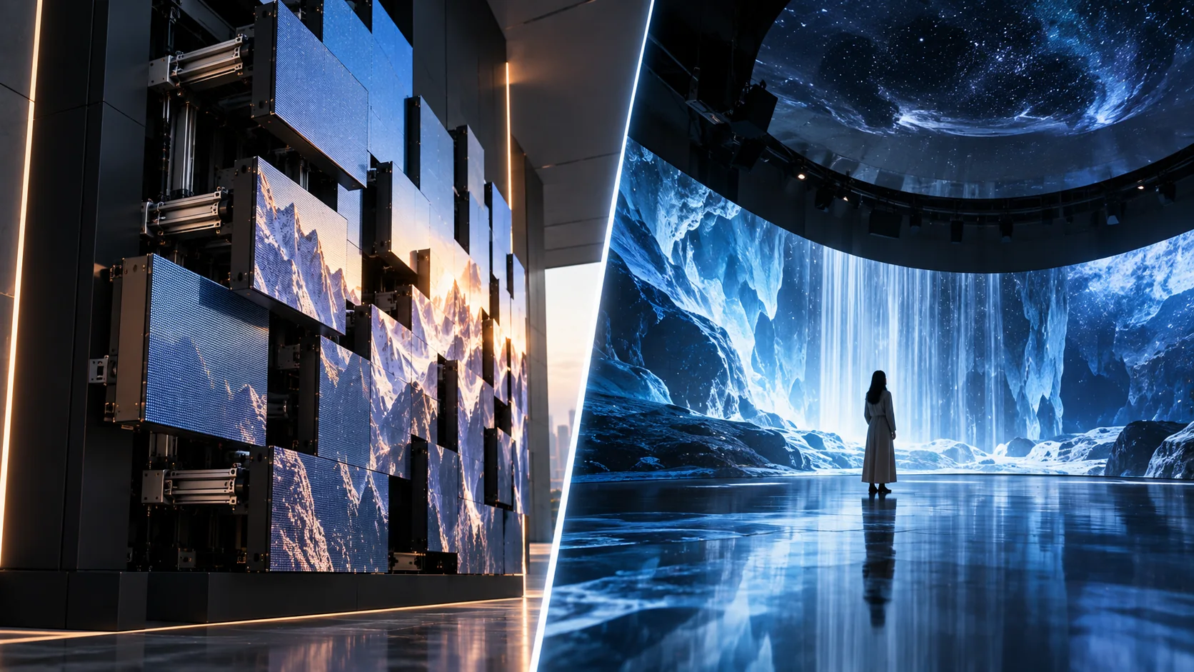 3D kinetic LED screen with physical Z-axis movement (left) and immersive LED system with multi-surface enclosure (right) - two ways to create immersion