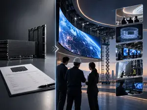 Left: LED cabinets and a quotation sheet — the product-manufacturer view. Right: an engineering partner working through site survey, solution design, factory production, installation and long-term operation