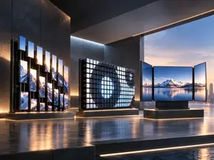 Three Spectrum Display product lines side by side — a 3D kinetic LED screen with extended Z-axis modules, a flip matrix wall of rotating square units, and a fold-out LED Lift & Fold all-in-one display