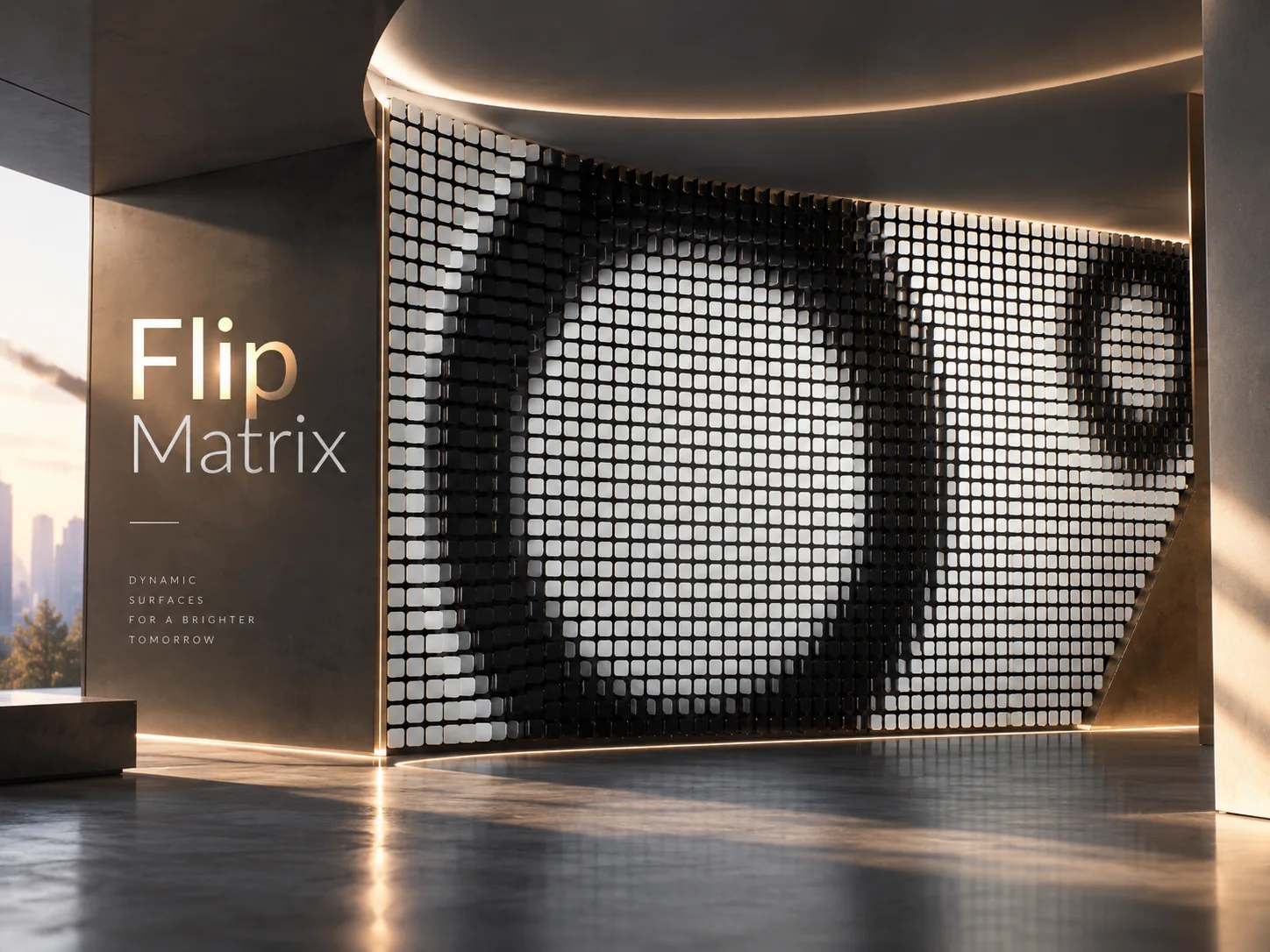 Spectrum Flip Matrix SPFM Series dynamic mechanical surface - a large matrix wall of physical flipping units forming patterns in a premium commercial interior