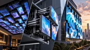 Spectrum Display 3D kinetic LED screen engineering - indoor ceiling installation, precision mechanical motion structure, and outdoor building facade project