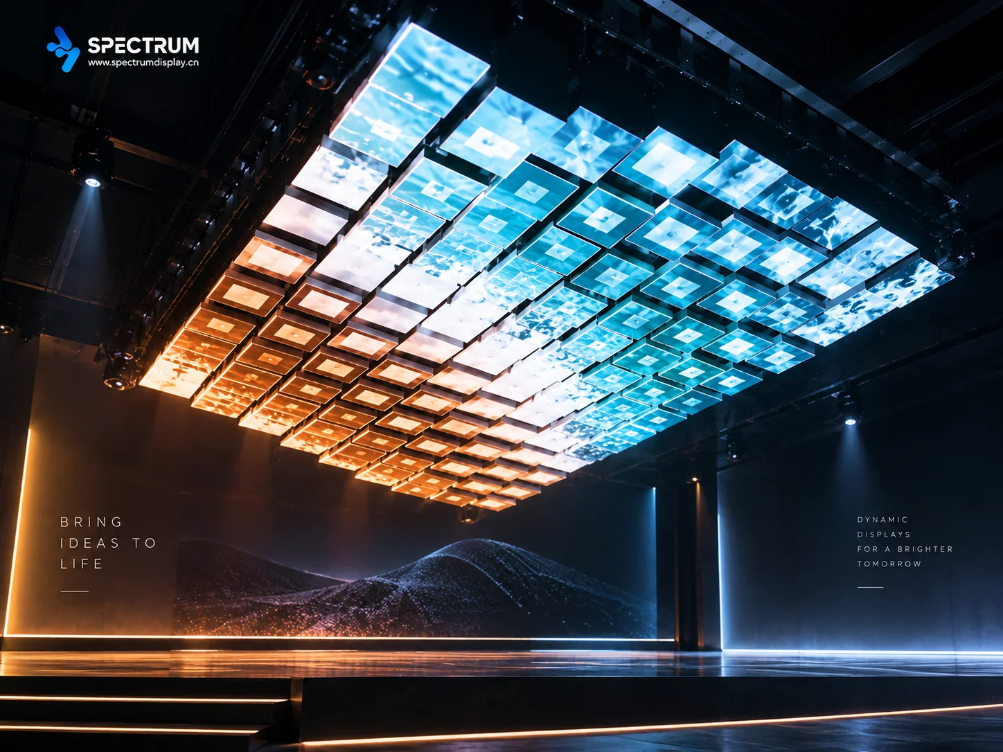 Spectrum Display SPKI-160 kinetic LED screen installed on a Singapore bar ceiling — the 1440 x 3840mm matrix of moving LED panels glowing blue and amber above the stage
